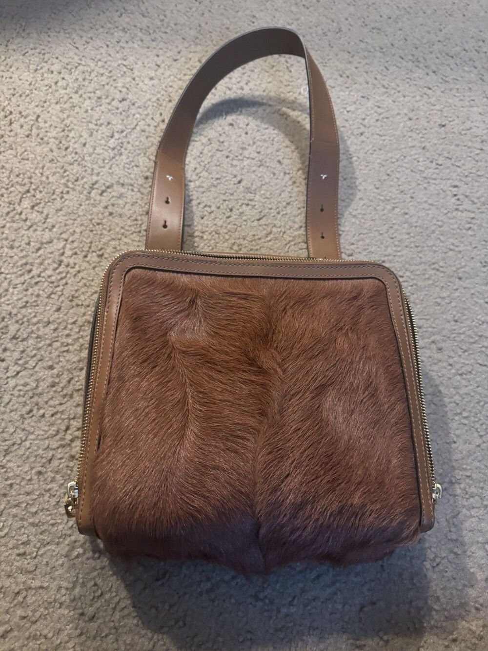 Authentic Vintage Tory Burch Arthur Fur 2Way Leather Shoulder Handbag Brown - Picture 3 of 10
